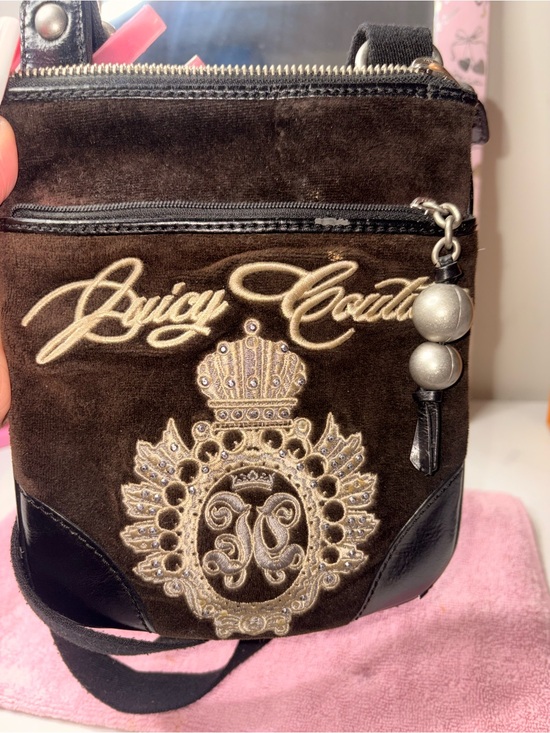 Juicy Couture Handbags - Juicy Couture Dark Brown Velvet Crossbody with Embroidered Crest